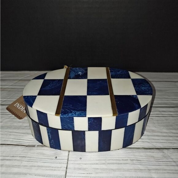 Handcrafted Bone & Resin Collectible Trinket Jewelry Box Checkered Blue - Picture 3 of 11